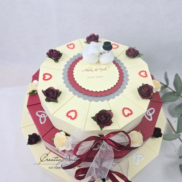 Schachteltorte 3-stöckig mit Perlen - Geldgeschenk Hochzeit CREME-BORDEAUX-CREME